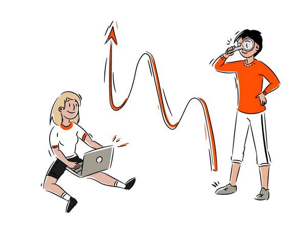 2 women using laptop and magnifying glass and a graph