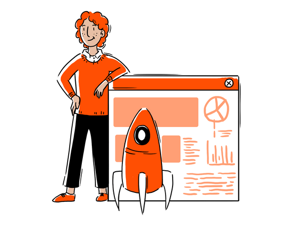 women with dashboard and rocket seo illustration