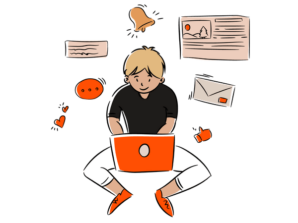 a boy writing article on laptop illustration